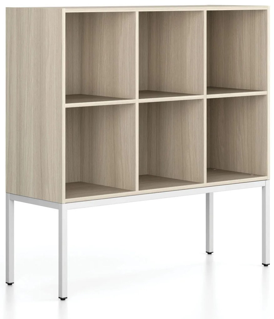 Regál FRAME, nízka, s bielou podnožou, 1299 x 450 x 1331 mm, dub prírodný