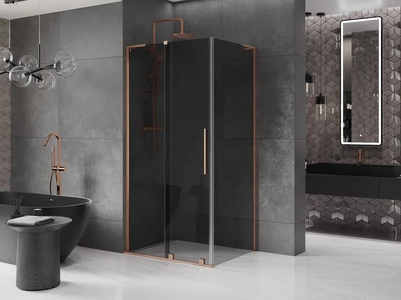 Mexen Velar L, sprchový kút s posuvnými dverami 120 x 75 cm, 8mm šedé sklo, medená matná, 871-120-075-33-65