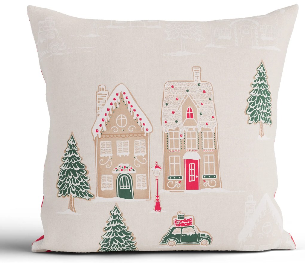 Vianočná bavlnená obliečka na vankúšik Renforcé 40 × 40 cm – Perníková chalúpka krémová