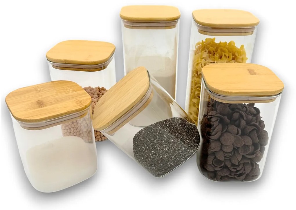 Orion Sada 6 sklenených hranatých dóz s bambusovým vekom - BORO6