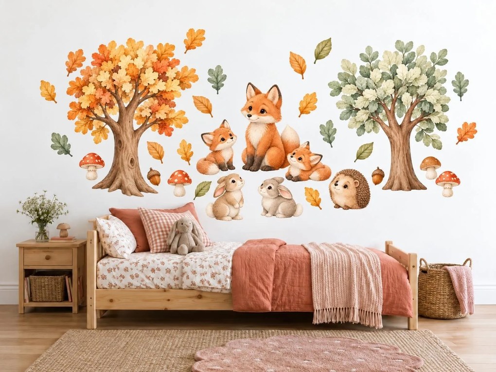 Líščia rodinka pod stromami jesenné akvarelové dekorácie na stenu do detskej izby a škôlky arch 46 x 23 cm