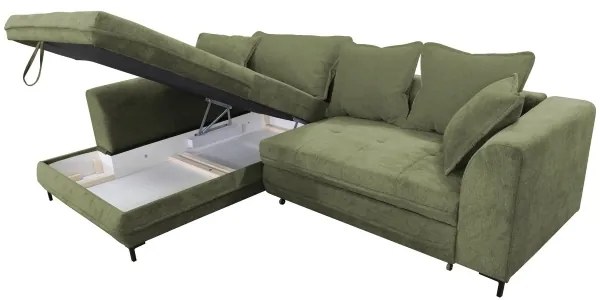 Rozkladacia rohová sedacia súprava v tvare L s úložným priestorom LAGOA, ľavé prevedenie, zelená