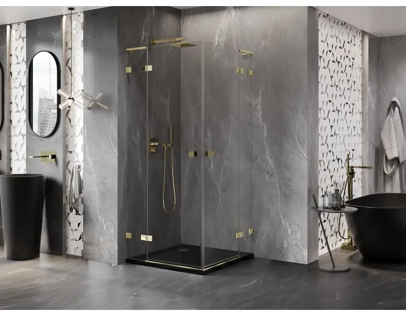 Mexen Lunar, L Duo výklopný sprchový kút 90 x 90 cm, 8mm číre sklo, zlatý profil, 834L-090L-090P-50-00