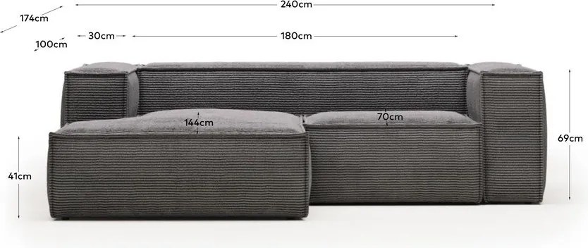 Sivá menčestrová rohová pohovka (pravý roh) Blok - Kave Home