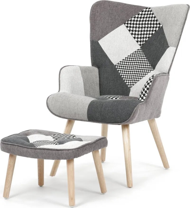 Relaxačné kreslo ušiak LISA + taburet — masív, látka, čiernobiely patchwork