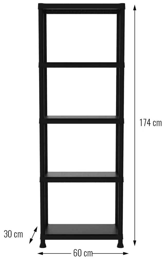 Plastový regál, 5 políc, 174x60x30 cm, čierna farba