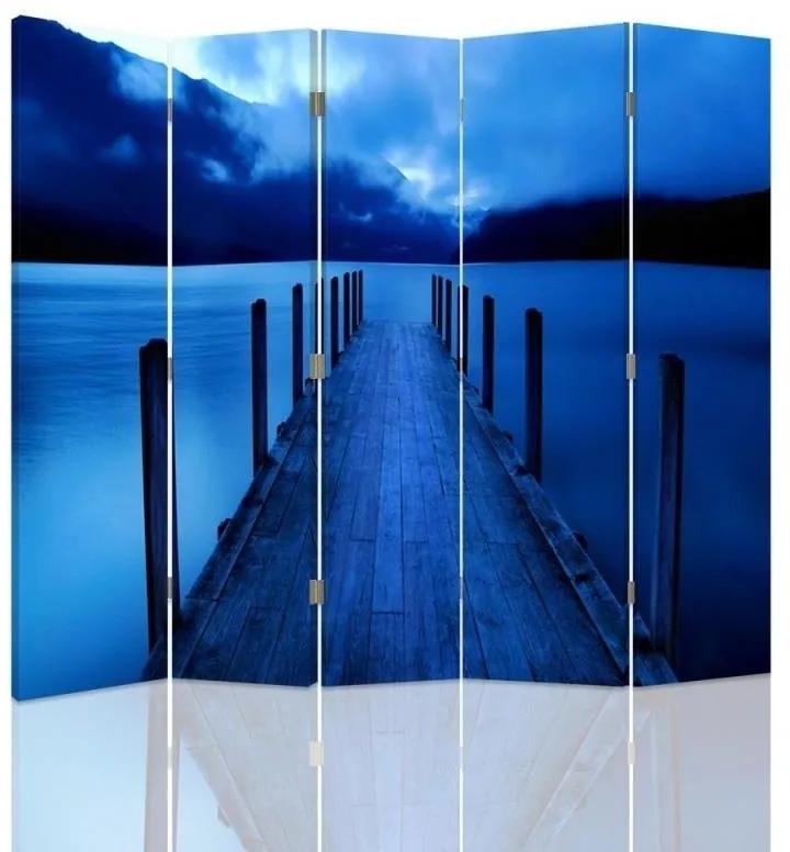 Ozdobný paraván Nástupiště Blue Lake - 180x170 cm, päťdielny, klasický paraván