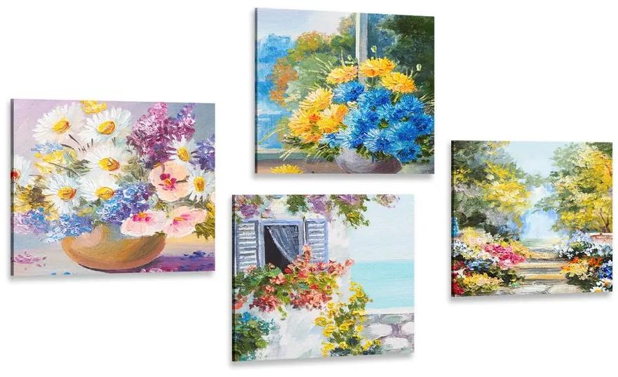 Set obrazov maľované kvety vo váze s prírodou