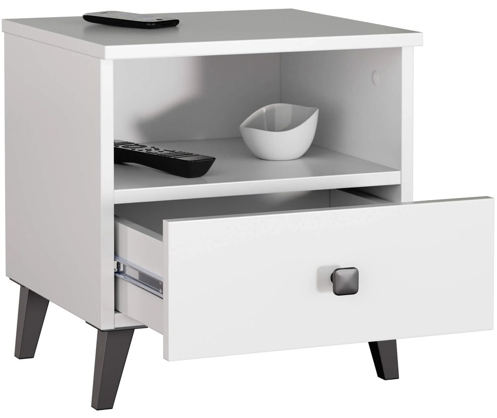 Nočný stolík Mandatarios (biela + čierna). Akcia -16%. Vlastná spoľahlivá doprava až k Vám domov. 1117485