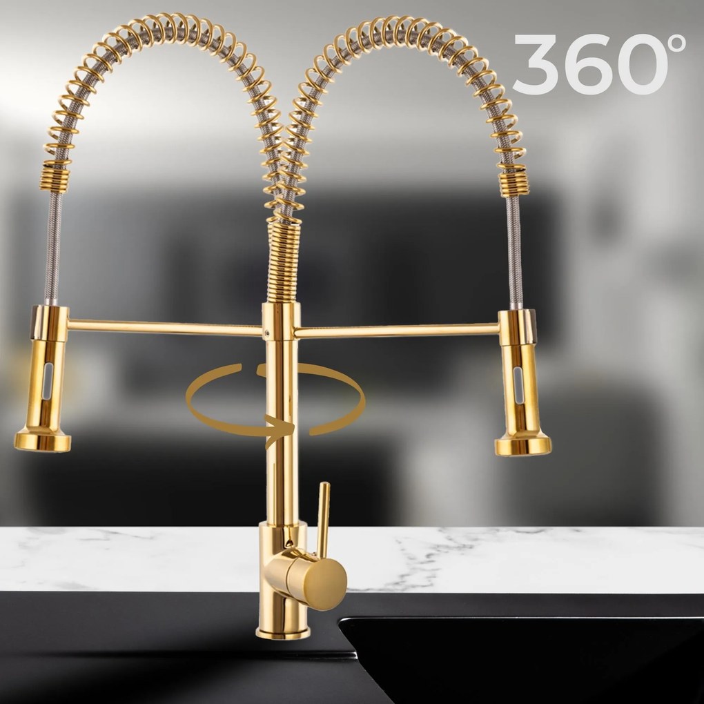 Gamma Spiral, stojanková drezová batéria s elastickou výlevkou, zlatá lesklá, GMA-BSL-GD