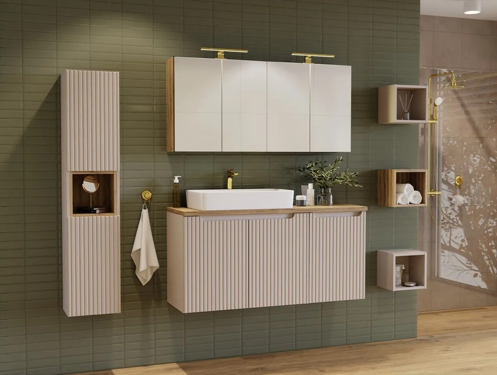 Závěsná skříňka pod umyvadlo Nova Cashmere s deskou a košem na prádlo 120 cm kašmírová/dub casella