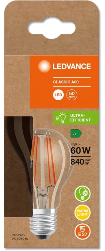 LED žiarovka E27 A60 4W = 60W 840lm 3000K Warm 300° Filament LEDVANCE Ultra Efficient