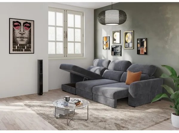 Univerzálna rohová rozkladacia trojmiestna pohovka s úložným priestorom TRENTO antracit