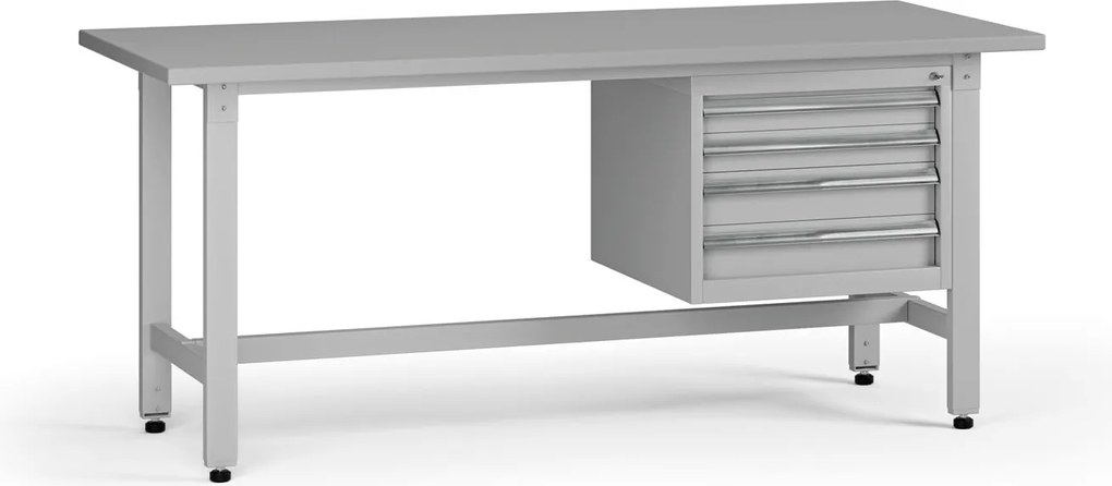 Výškovo nastaviteľný dielenský stôl G5, 1800 x 750 x 800-1000 mm, 1x kontajner, 4 zásuvky, sivá