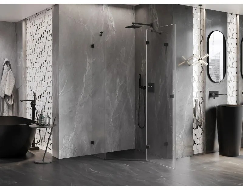 Mexen Lunar, výklopný päťuholníkový sprchový kút pravý 90 x 90 cm, 8mm číre sklo, čierny profil, 831-090P-090L-70-00-P