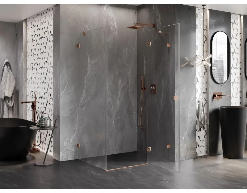 Mexen Lunar, pravostranný výklopný sprchový kút 90 x 80 cm, 8mm číre sklo, profil medená matná, 834-090-080-65-00-P
