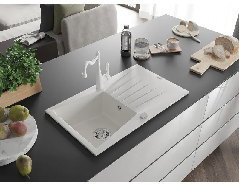 Mexen Cesar, 1-komorový granitový drez 775x470x190 mm a drezová batéria Carla, biela, 6514-20-670700-20