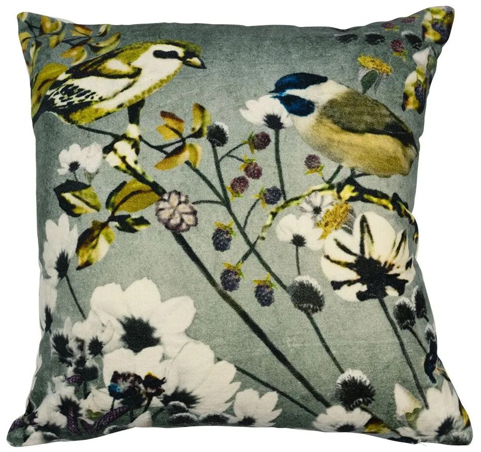 Zamatový vankúš s dekorom kvetín a vtáčikmi Wild Flowers - 45*45*15cm