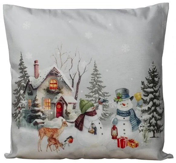 Vankúšová obliečka Snehuliaci pred chalúpkou 40x40 cm
