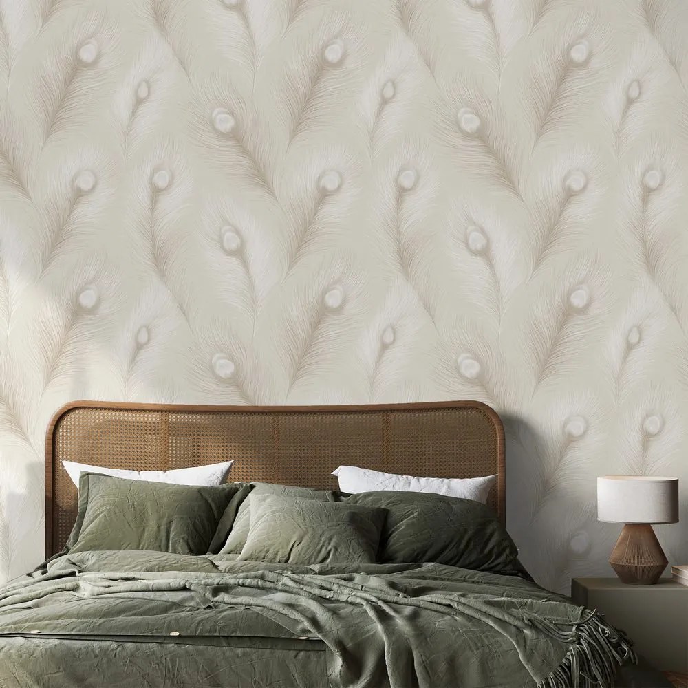 Samolepiaca tapeta béžové pávie perie v glamour štýle