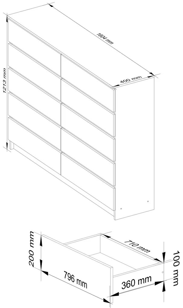 Komoda Kuba 160 cm 10 zásuviek biela/grafitová