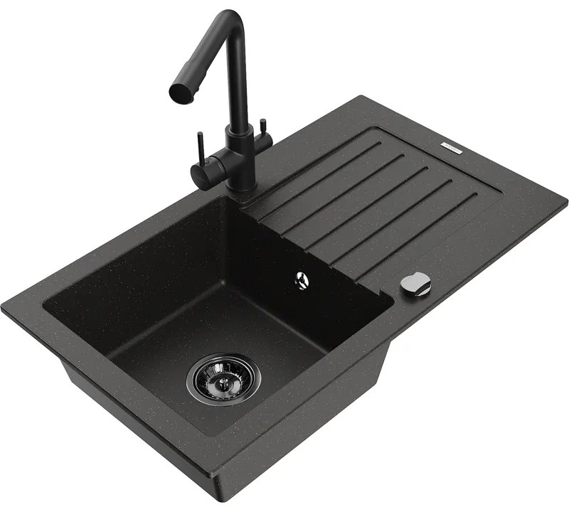 Mexen Pablo, granitový drez 752x436x161 mm, 1-komorový a čierna batéria Duero, čierna - zlatá metalíza, 6510-75-671600-70-B