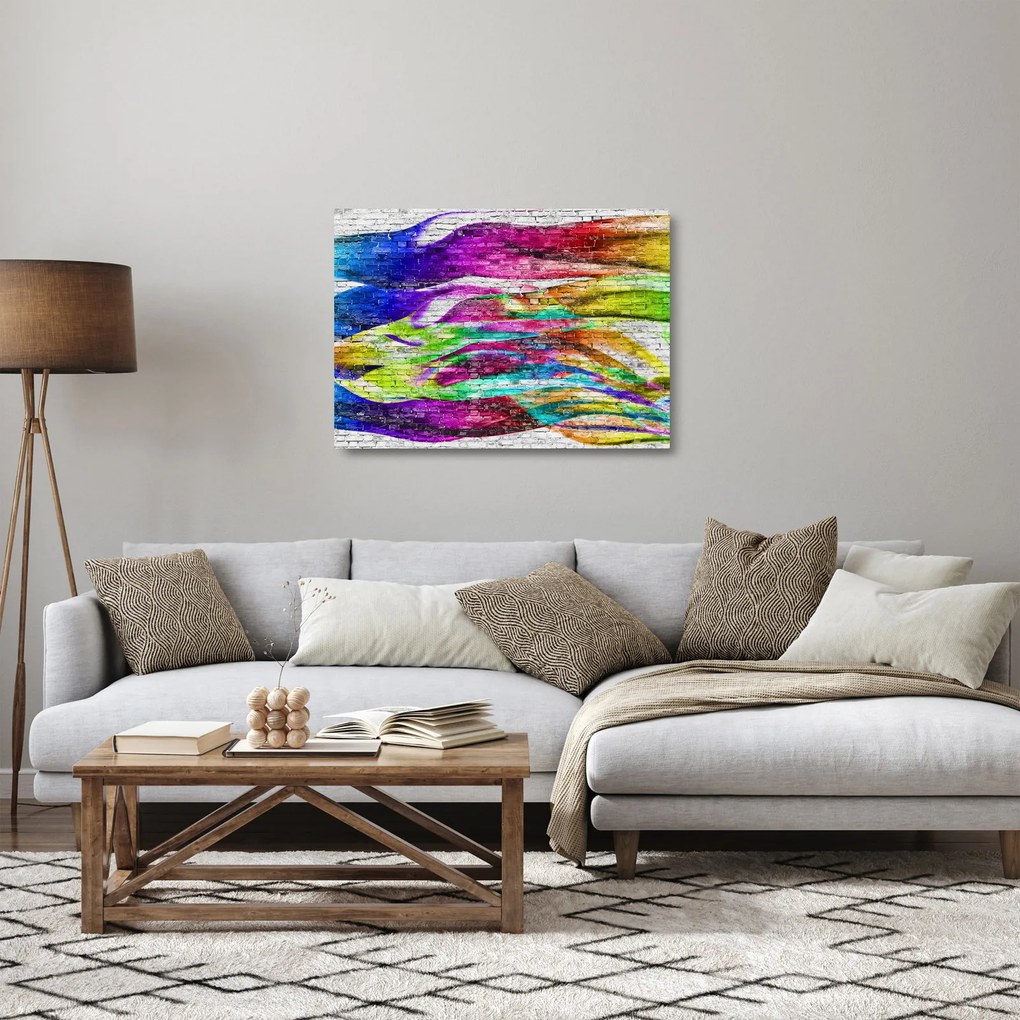 Sklenený obraz - Tehlový múr s farebnými plameňmi (70x50 cm)