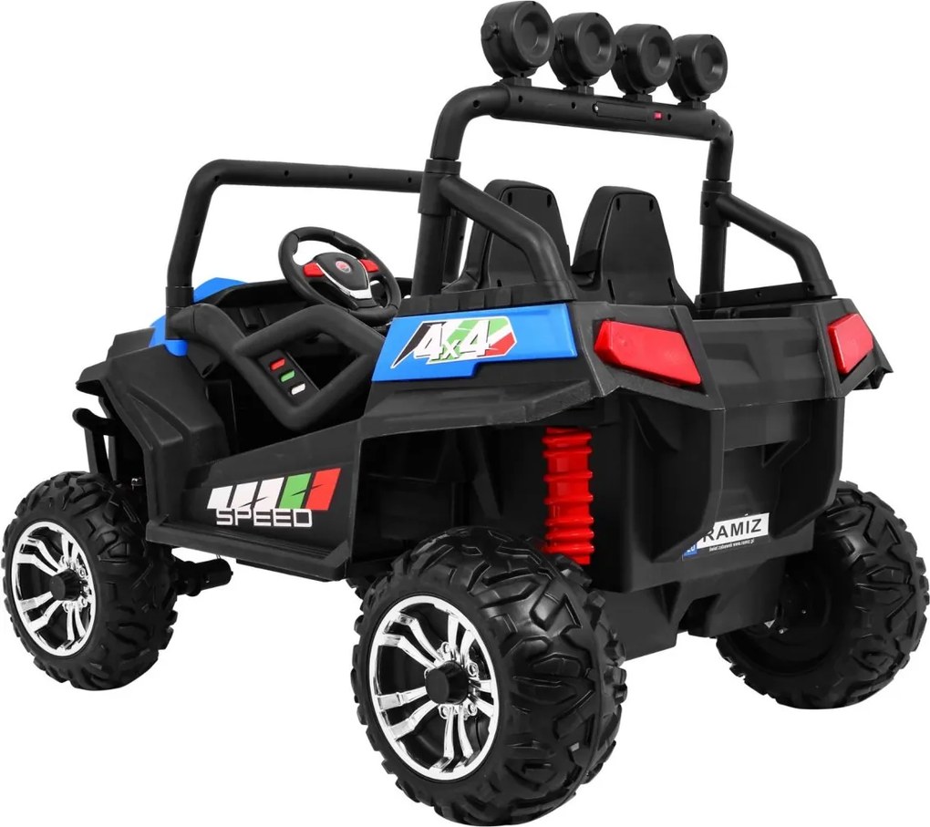 Ramiz Terénna bugina Strong pre deti modrá + pohon 4x4 + diaľkové ovládanie + nosič batožiny + rádio MP3 + LED