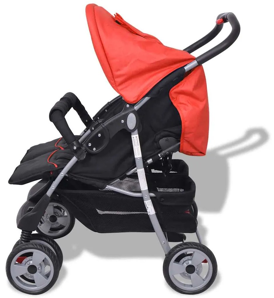 Oceľový kočík pre dvojičky, červeno-čierny