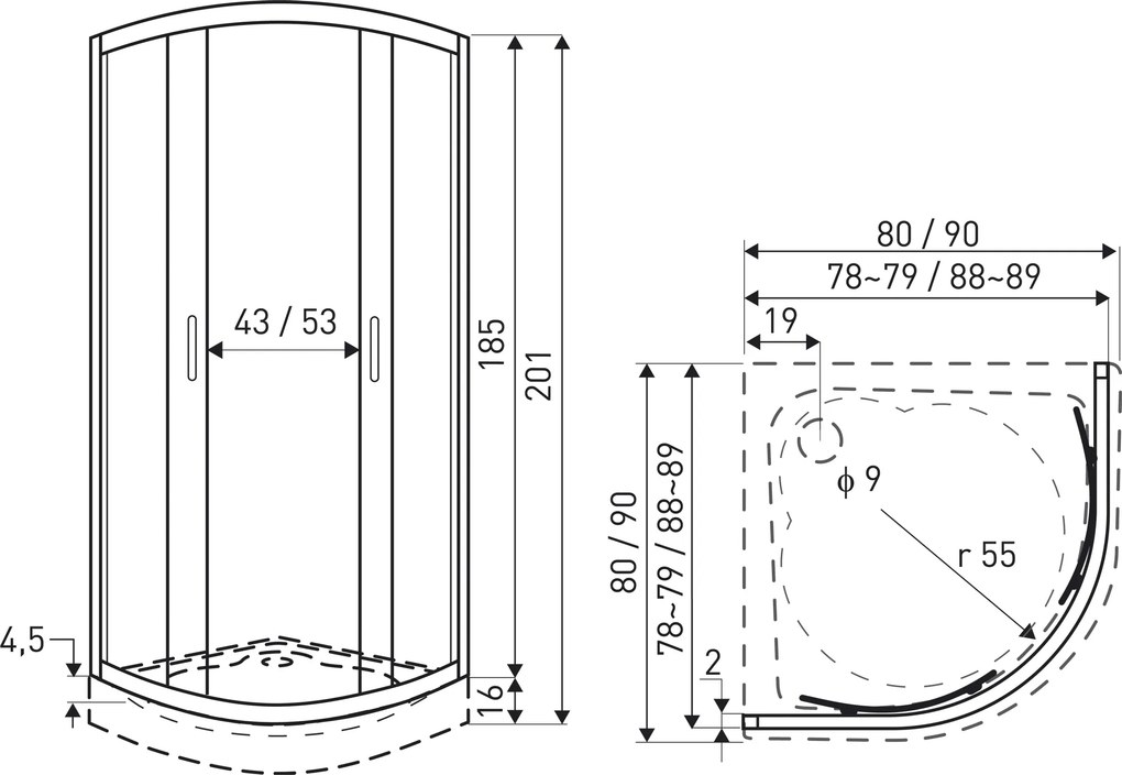 Novoterm Štvrťkruhový sprchový kút NV-Aruba BL 80 SV, čierny/transparent + vanička biela