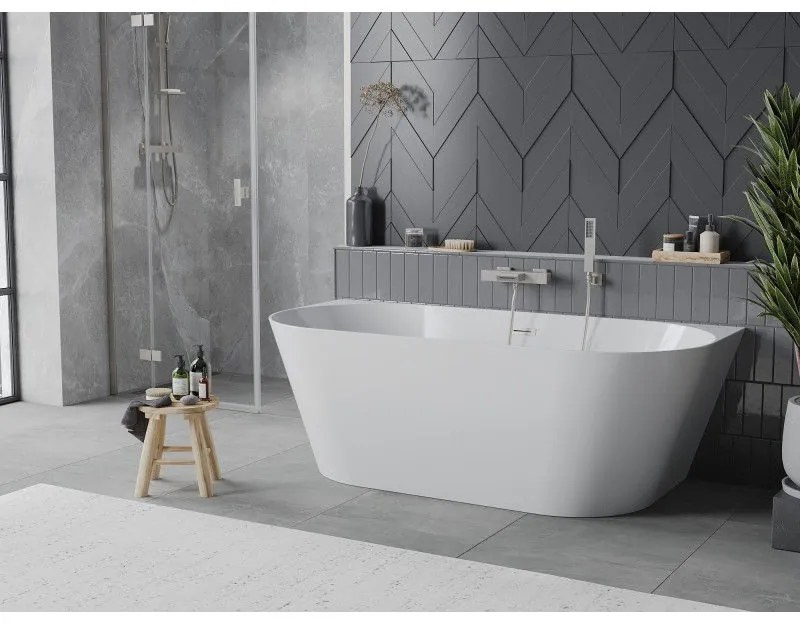 Mexen Oval Slim, voľne stojaca vaňa ku stene 170 x 80 cm, biela lesklá, brúsená oceľ prepad, 52661708000-97