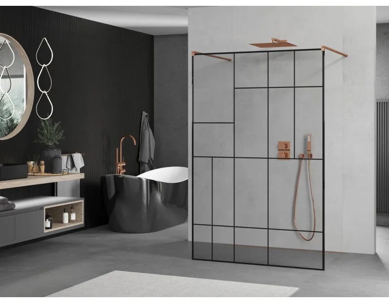 Mexen Kioto, priechodná sprchová zástena 140 x 200 cm, 8mm sklo číre s čiernym vzorom, 2x zlatá stabilizačná rozpera, profil ružové zlato, 800-140-002-60-78