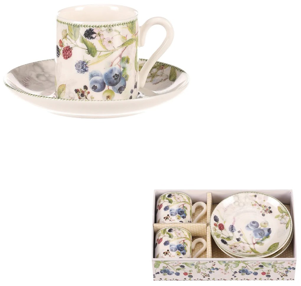 Súprava porcelánových hrnčekov s podšálkami Lesné plody, 2 ks