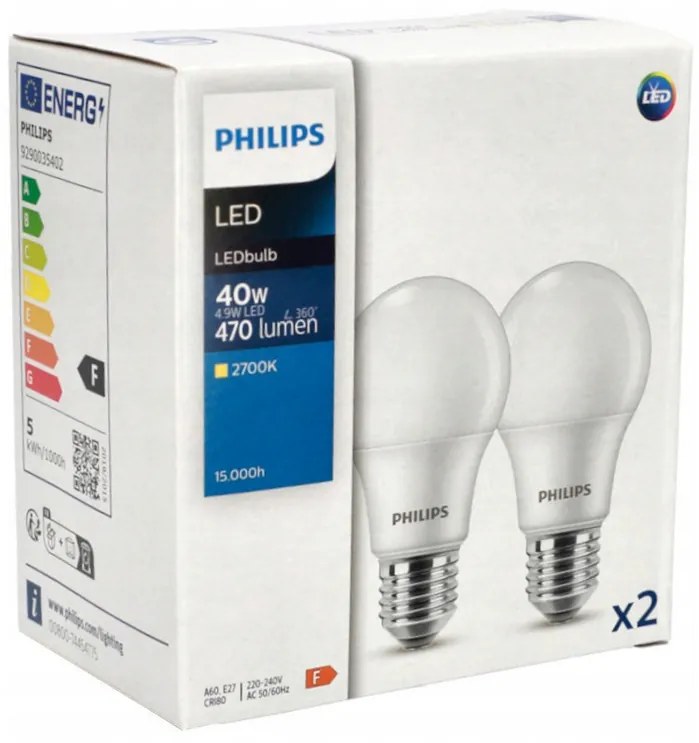 2x LED žiarovka Philips E27 - 4,9 W - 470lm - 2700K