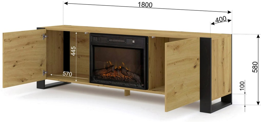 TV skrinka/stolík s krbom Montana (dub artisan + čierna). Akcia -20%. Vlastná spoľahlivá doprava až k Vám domov. 1124958