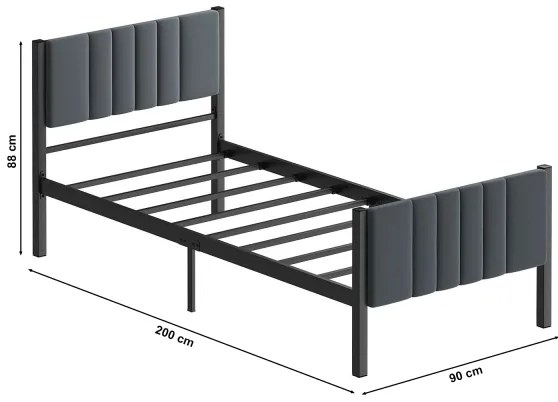 Jednolôžková kovová posteľ LUNOR 90x200 cm, antracit, nosnosť 120 kg