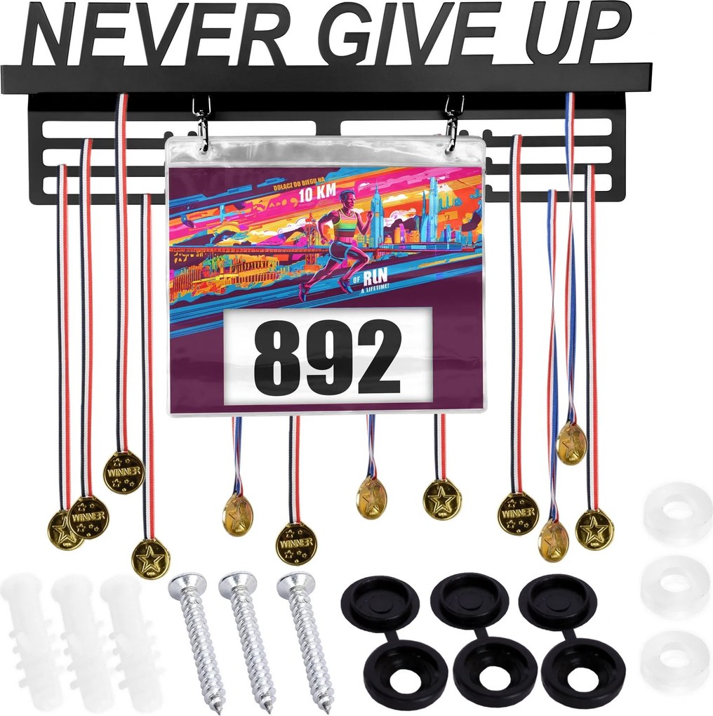 Kovový vešiak na medaily a štartové čísla NEVER GIVE UP - čierny