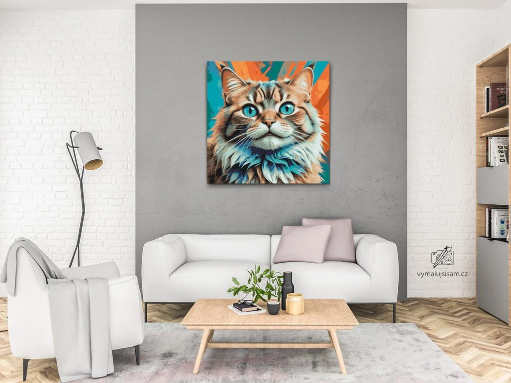 Gario Maľovanie podľa čísel Mačka v odtieňoch tyrkysovej a oranžovej Rozmery: 80 x 80 cm, Rámovanie: S vnútorným rámom