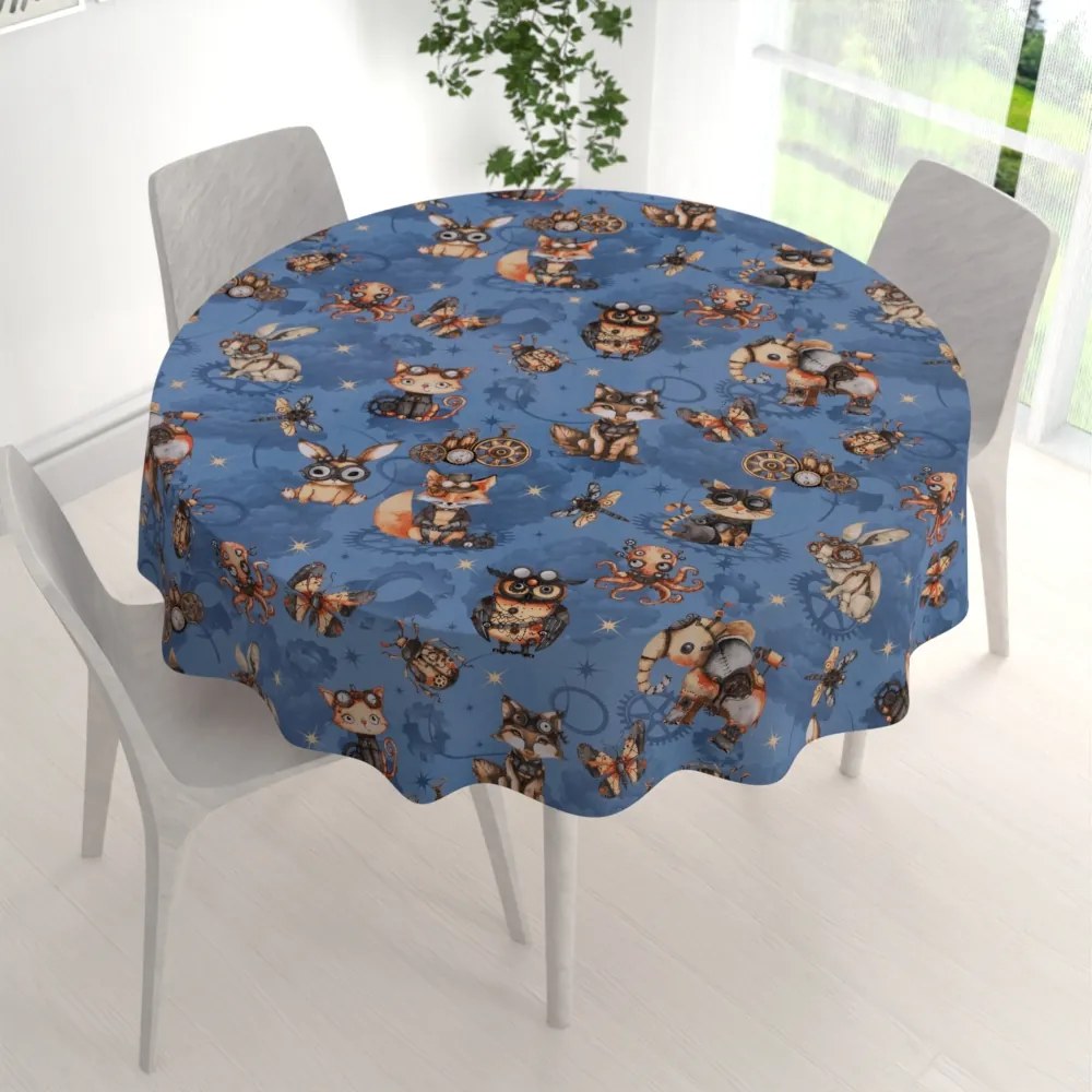Biante Detský bavlnený okrúhly obrus Sandra SA-581 Zvieratká vynálezcovia na modrom Ø 70 cm