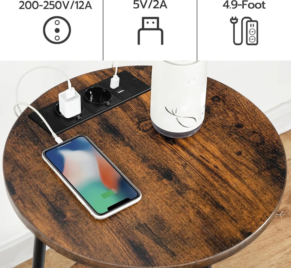 Kulatý odkládací stolek Vasagle Leky 40 cm s nabíjecí stanicí hnědý/černý