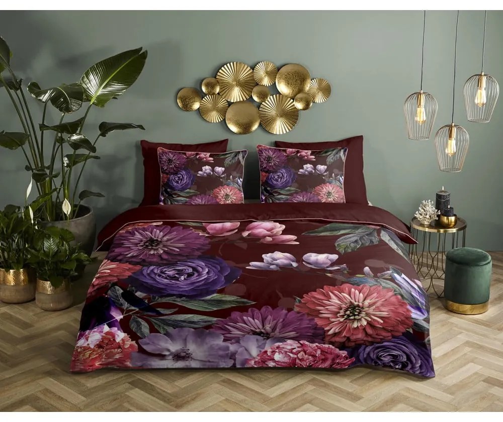 Vínovočervené obliečky na jednolôžko z organickej bavlny Descanso Gerbera, 140 x 220 cm