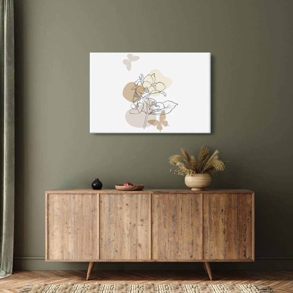 Obraz - Béžové kvety s motýľom N⁰1 (90x60 cm)