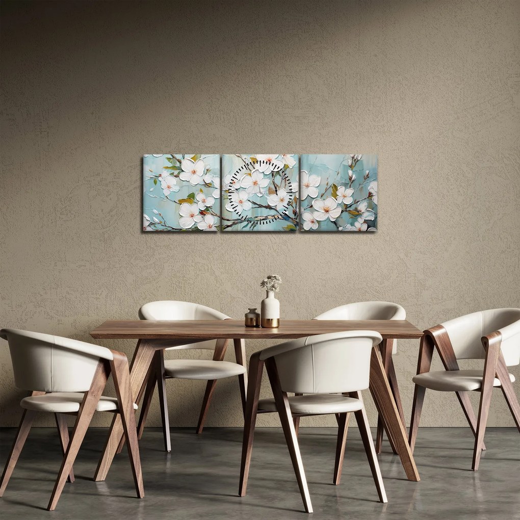 Obraz - Maľba, kvitnúce vetvy stromu (s hodinami) (90x30 cm)