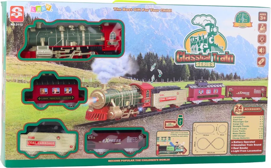 LEAN Toys Elektrický vlak Klasický vlak Svetlá Zvuky Dym 24 el.