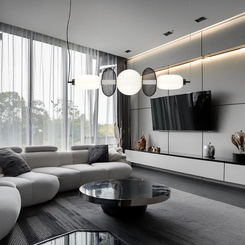 Závesné svietidlo Arame, 3x biele sklenené/2x čierne drôtené tienidlo, b