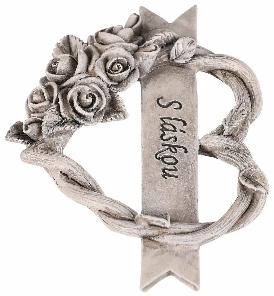 Pietna dekorácia Srdce s ružami a stuhou, polyresin, 12 x 10 x 2 cm