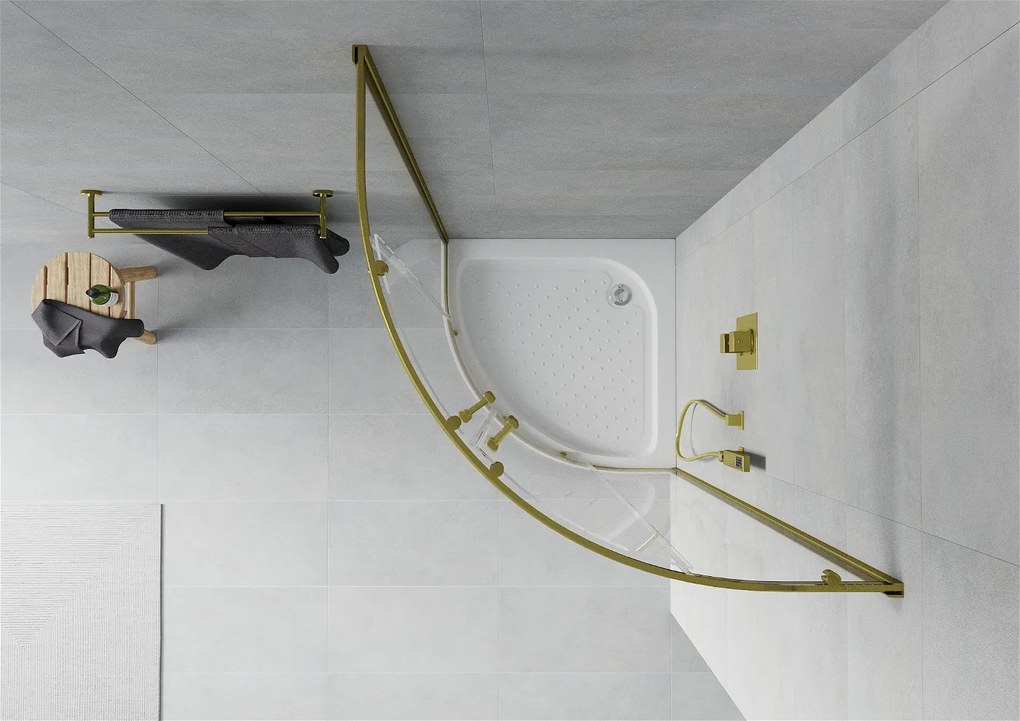 Mexen Rio, štvrťkruhový sprchovací kút s posuvnými dverami 90 (dvere) x 90 (dvere) x 190 cm, 5mm číre sklo, zlatý profil + biela sprchová vanička RIO, 863-090-090-50-00-4710