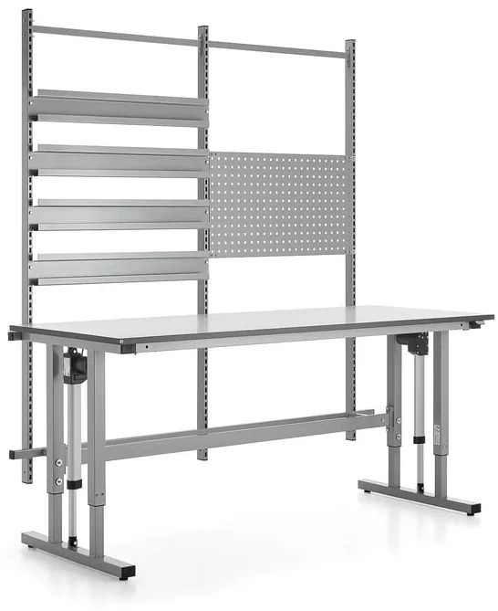 Výškovo nastaviteľný dielenský stôl MOTION, 400 kg, 2000x800 mm, panel na náradie + závesné lišty