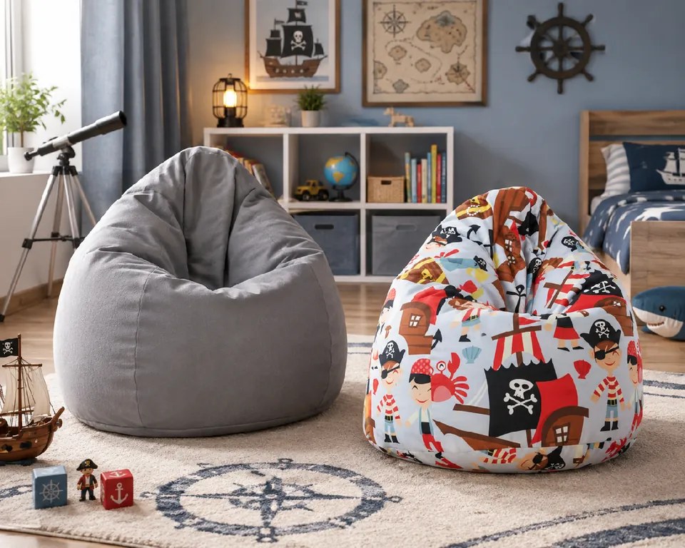 Set 2 detských sedacích vakov Bag Sako L – plyš sivý + Pirát