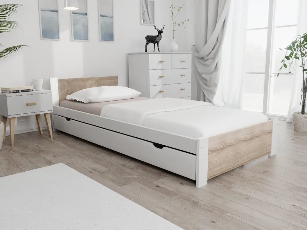 Posteľ IKAROS 90 x 200 cm, biela/dub sonoma Rošt: S latkovým roštom, Matrac: Matrac Somnia 18 cm